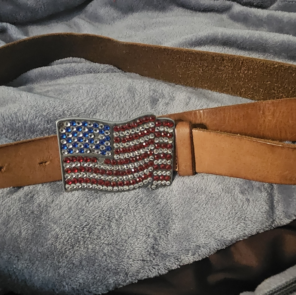 Tan Leather Belt with American Flag Buckle